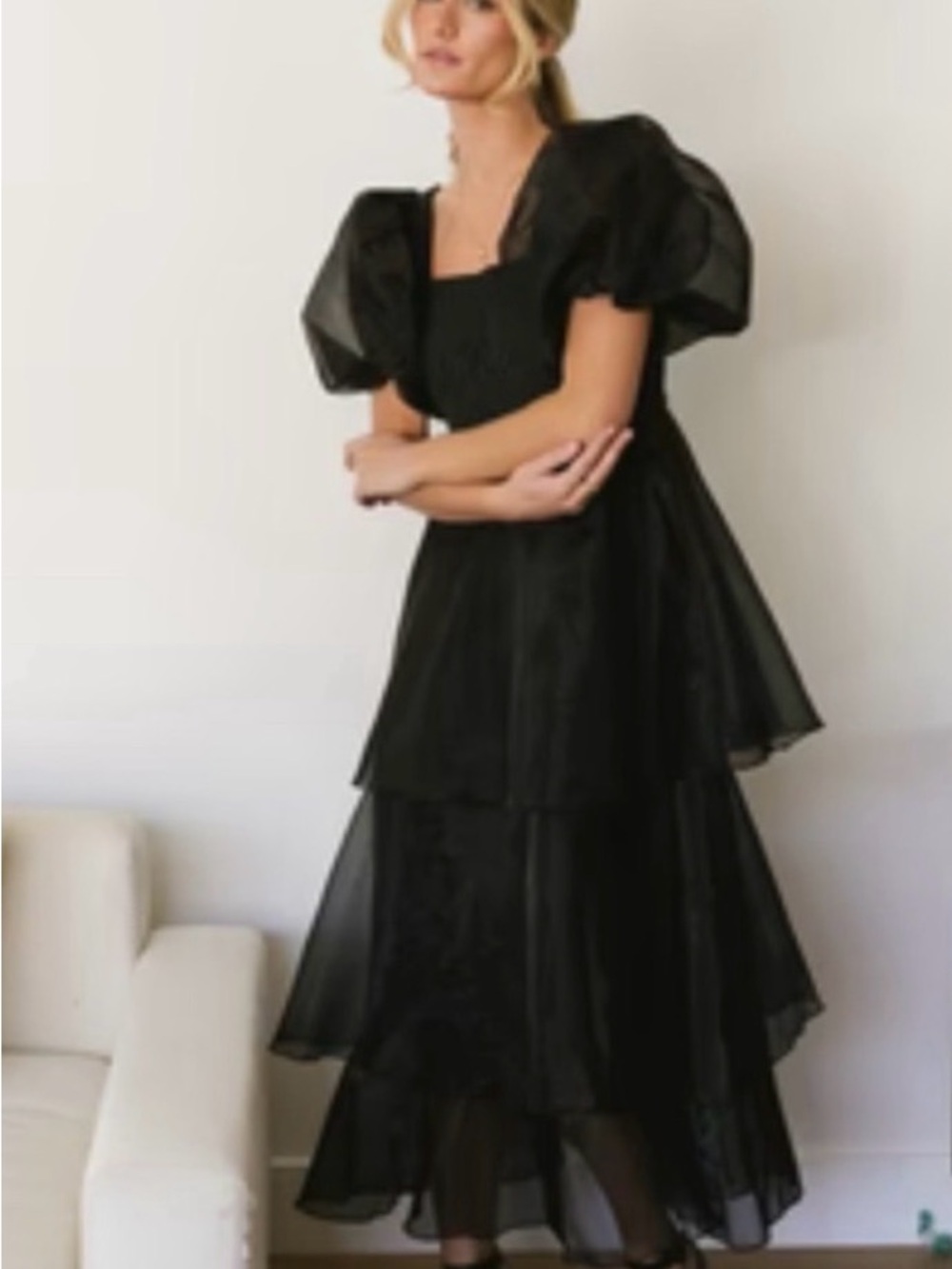 bohme Black Puff-Sleeve Tiered Maxi Dress